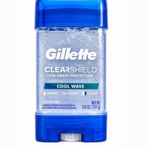 ژل ضدتعریق مردانه ژیلت ClearShield Cool Wave با فرمول شفاف، ماندگاری ۷۲ ساعته، مناسب مراقبت پوست و جلوگیری از بوی تعریق بدون ایجاد لک روی لباس سفید و مشکی.